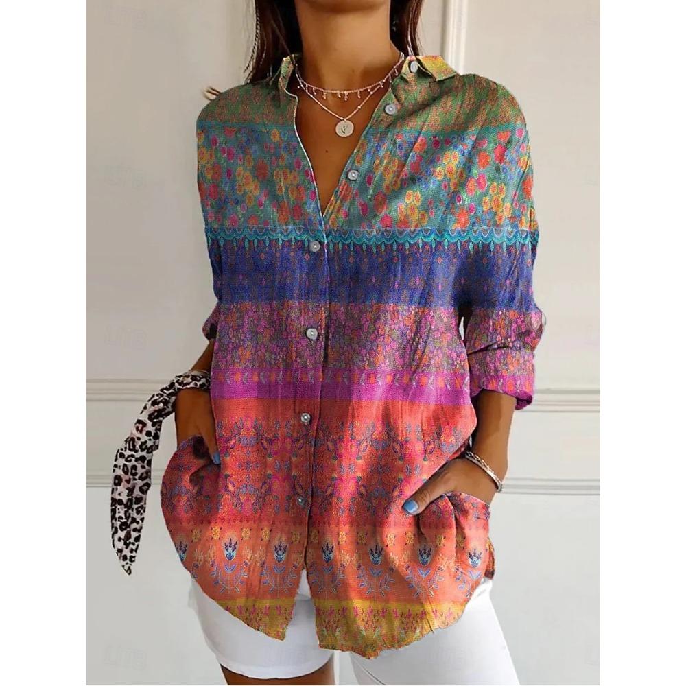 Women's Floral Graphics Elegant Vintage Tropical Printed Long Sleeve Shirt Casual Regular Tops Button Down Shirts Vintage Shirts