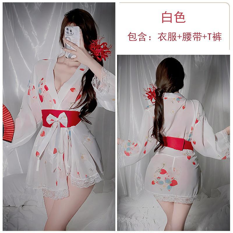Sexy Lingerie Pure Desire Thin Perspective Strawberry Kimono Seduction Hot Pajamas Bed Passion Uniform Set