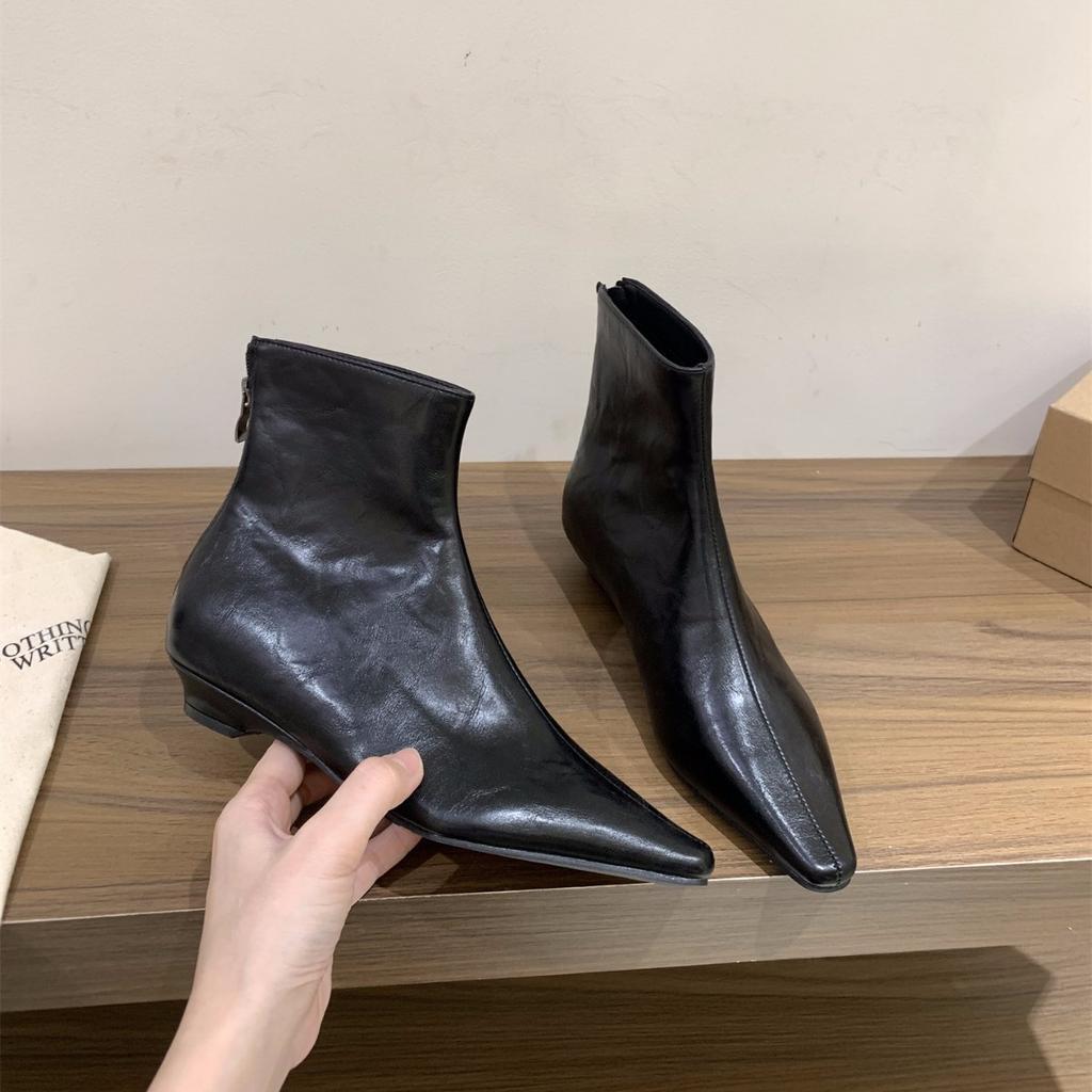 Thick Heel Pointed Tip Thin Brown Short Boots Women's Boots 2025 New Temperament with Skirt Autumn and Winter French Small Bare Boots