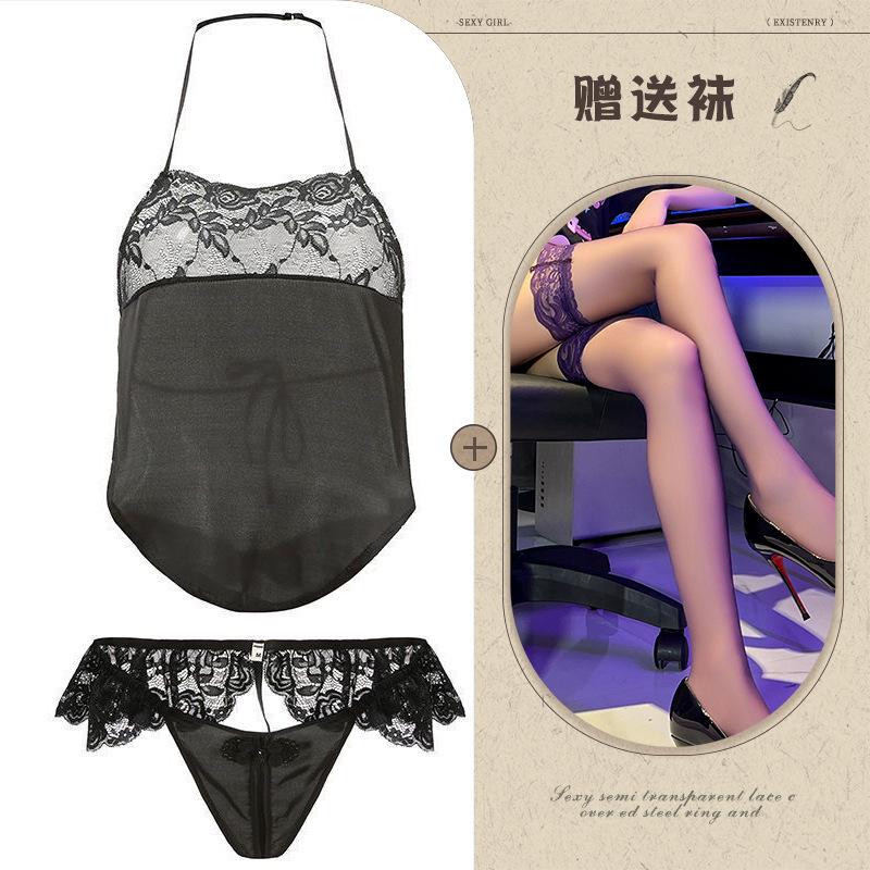 Sex Lingerie Sexy Retro Lace Seduction Belly Pocket Passion Pajamas Pure Desire Open Crotch Lace-up Uniform Suit