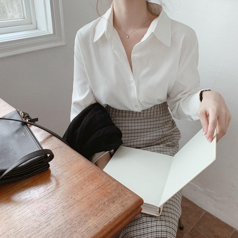 DAFIFY Women's Fashion Casual Spring Autumn Solid Color Print Long Sleeve POLO Neck Blouses & Shirts