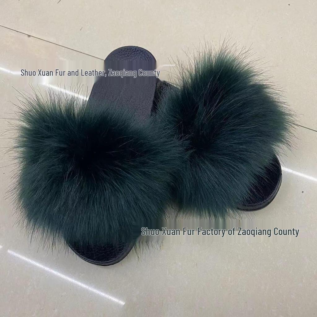 Women's Summer Fox Fur Slippers: Celebrity Trend, Flat Fur Sandals, Soft-Soled Flip Flops, Euro-American Style.