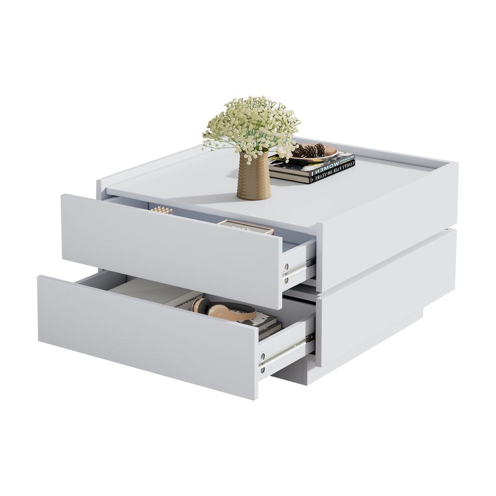 Functional Coffee Table for Living Room, 360 degrees Rotatable, Rotating Tabletop with 2 Shelves and Storage Space, Side Table Frame Pure White