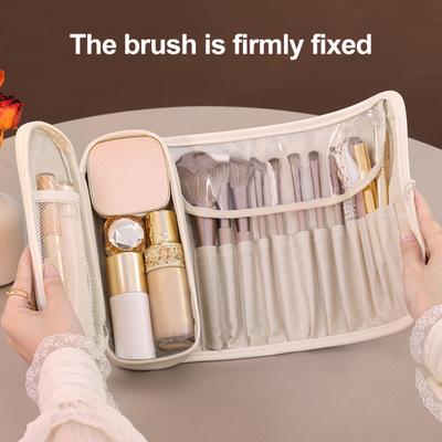 Cestovní taška na štětce na make-up s rolovacím organizérem, 12 přihrádek, pouzdro na štětce na make-up s kapsou na zip pro kosmetické nezbytnosti, štětce na make-up
