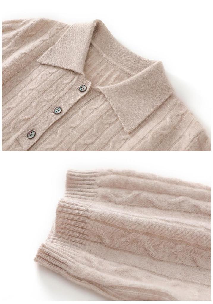 Short-Sleeve Women's Cashmere Polo with Lambswool Collar, Loose Fit, Versatile Cable Knit.