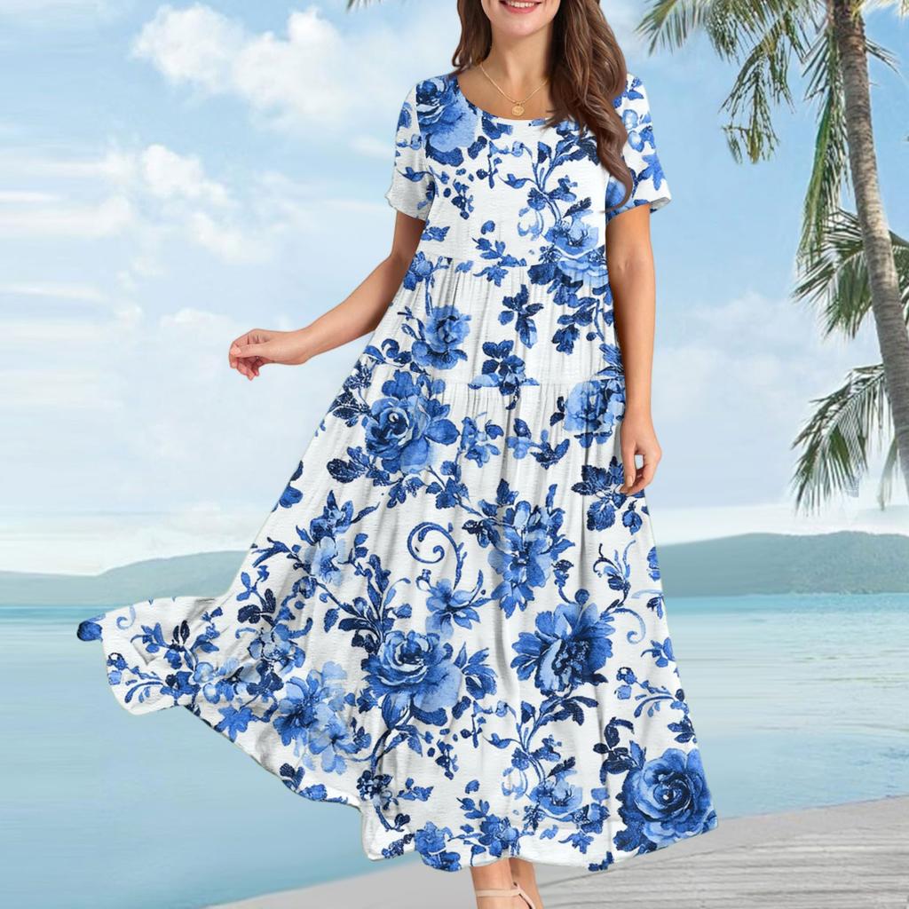 Dámské ležérní volné bohémské šaty s květinovým potiskem a krátkým rukávem