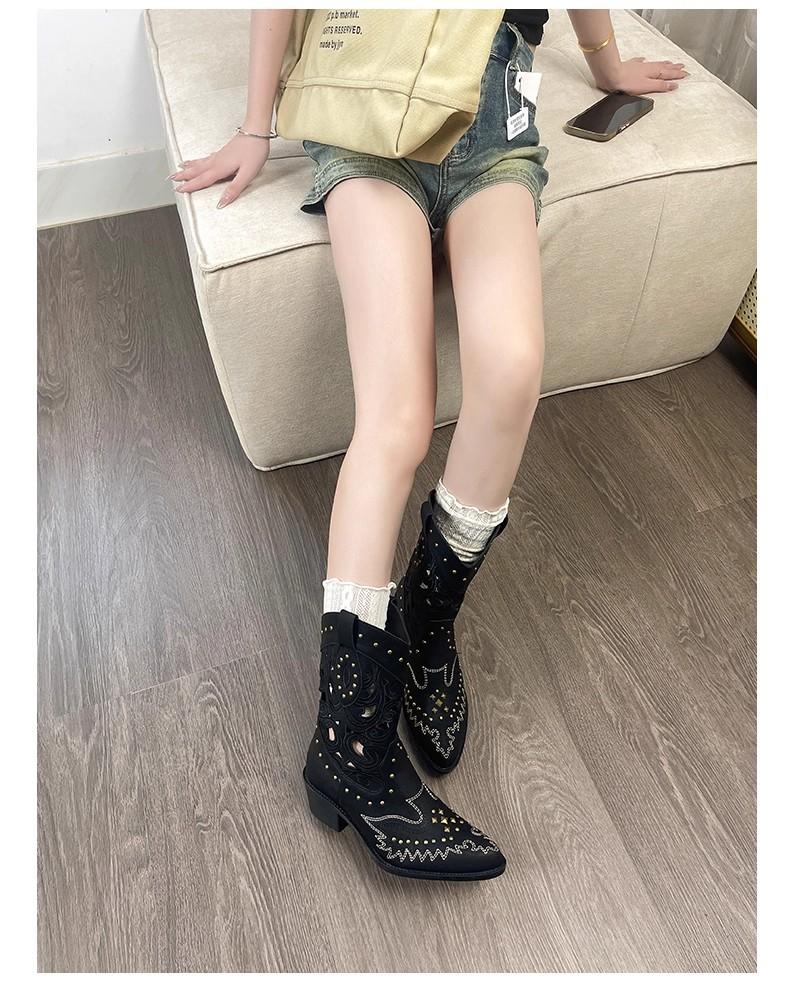 Retro pointed versatile hollow thick-soled western boots women's embroidery slim long cowboy boots thick heel high tube Martin boots