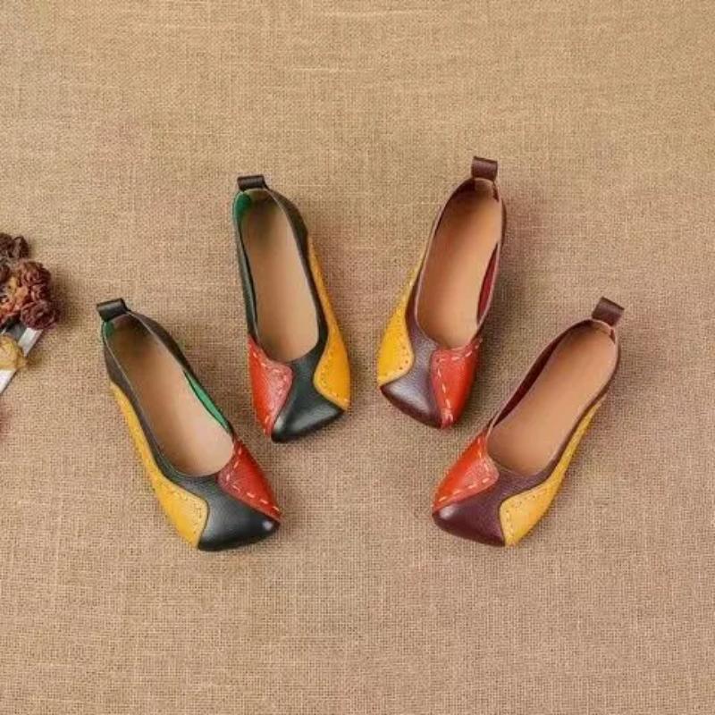Spring and Autumn Soft-soled Shallow-mouthed Leather Single Shoes Women's Retro Handmade Women's Shoes Flat-bottomed Color Matching Mother Shoes