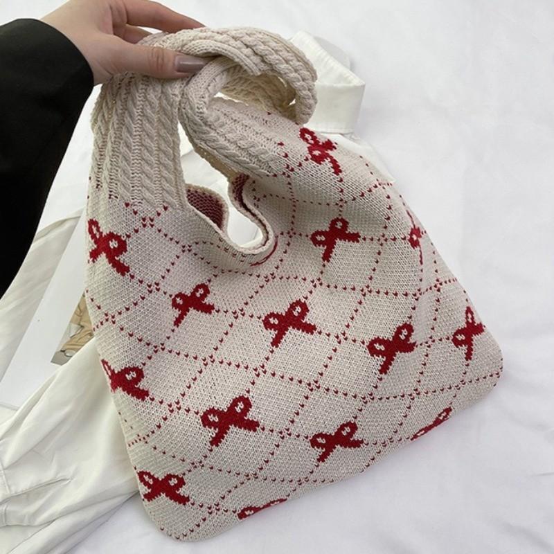 Chegada Nova 2026 Moda Ins Feminina Bolsa Tote de Tricô Grande Capacidade Padrão de Laço Bolsa de Ombro Tecida para Uso Diário