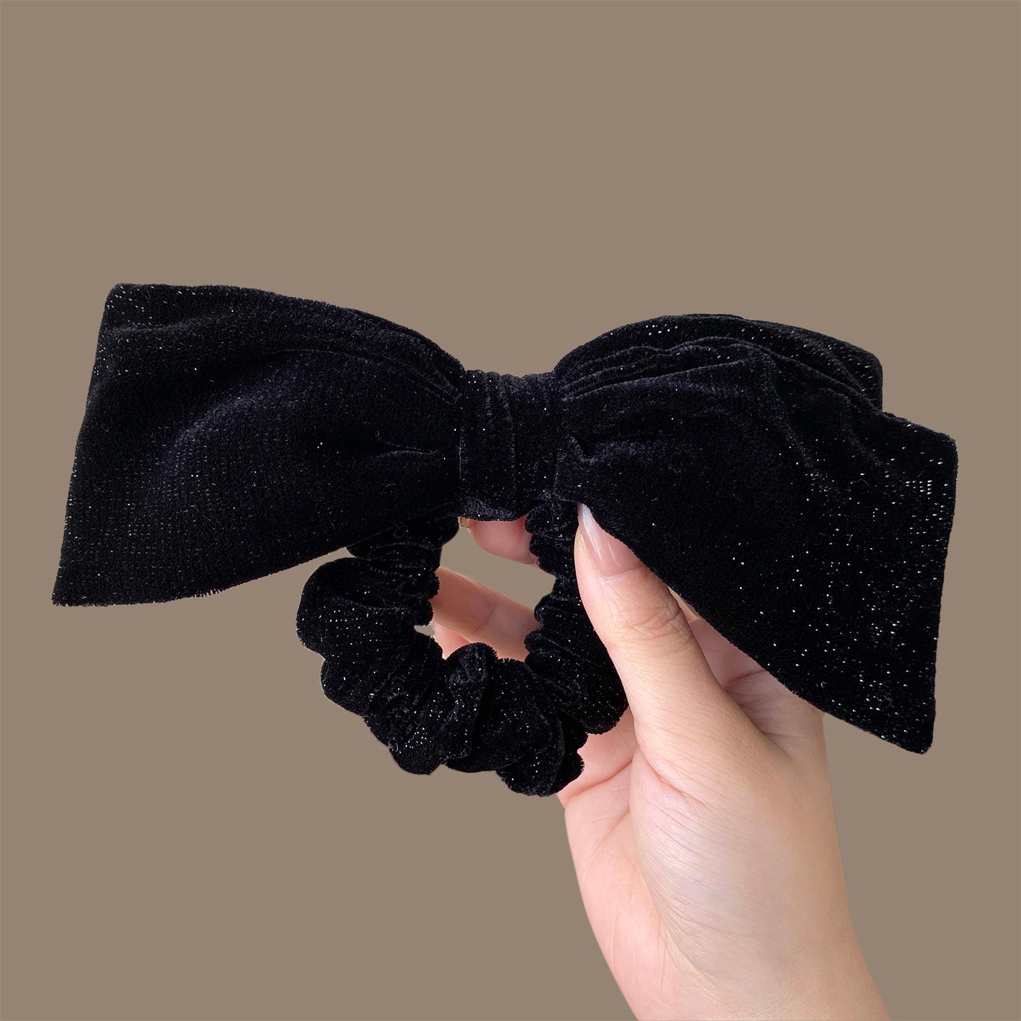 Black Sparkle Velvet Bow Hair Tie for Women - High Elasticity, Gentle on Hair, Durable Rubber Band.