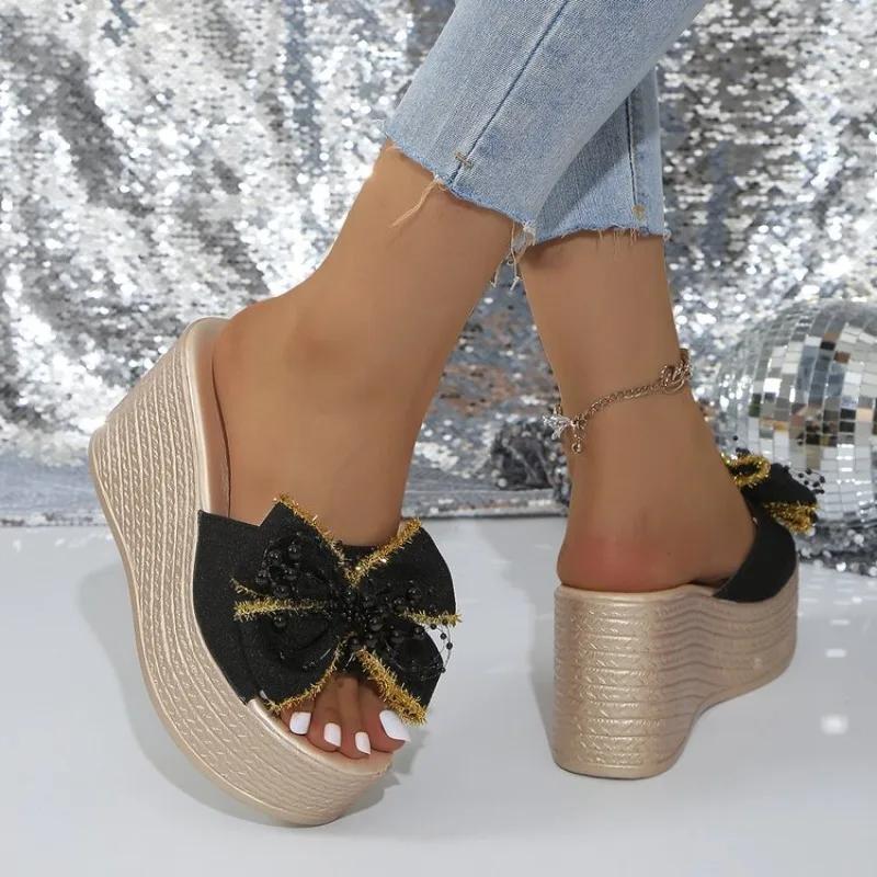 Damesko Lansering Nye Sommerslippers for Damer Miksfarge Sløyfe Perle Åpen Tå Høy Hæl Slippers