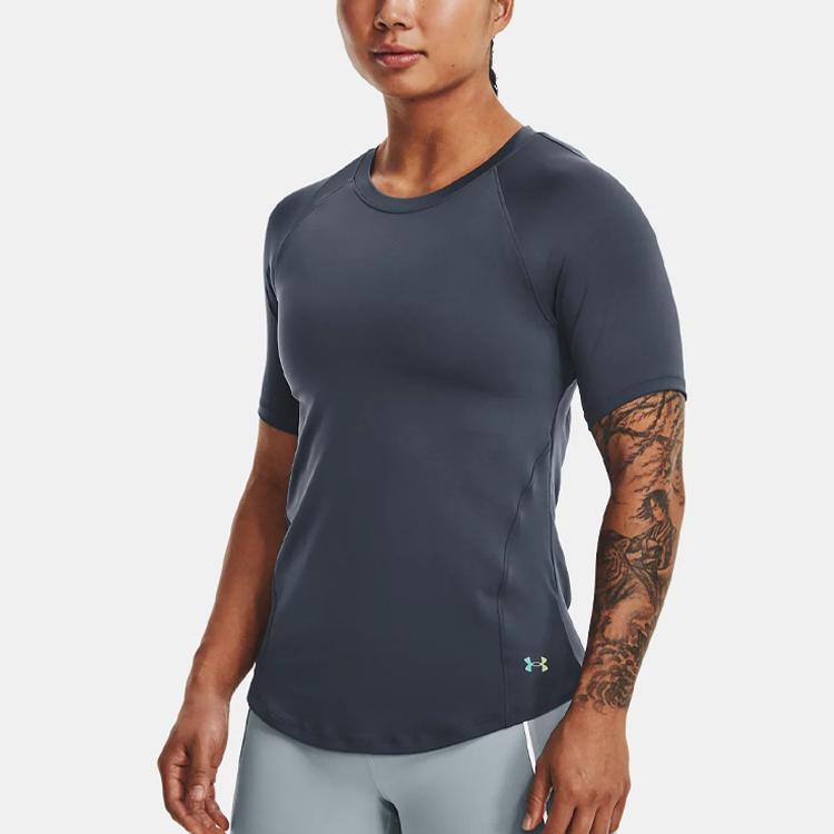Under Armour Rush Series Solid Training Sports Casual Round Neck Print Short Sleeve T-Shirt Women Tops Storm-Gray 1368178-044