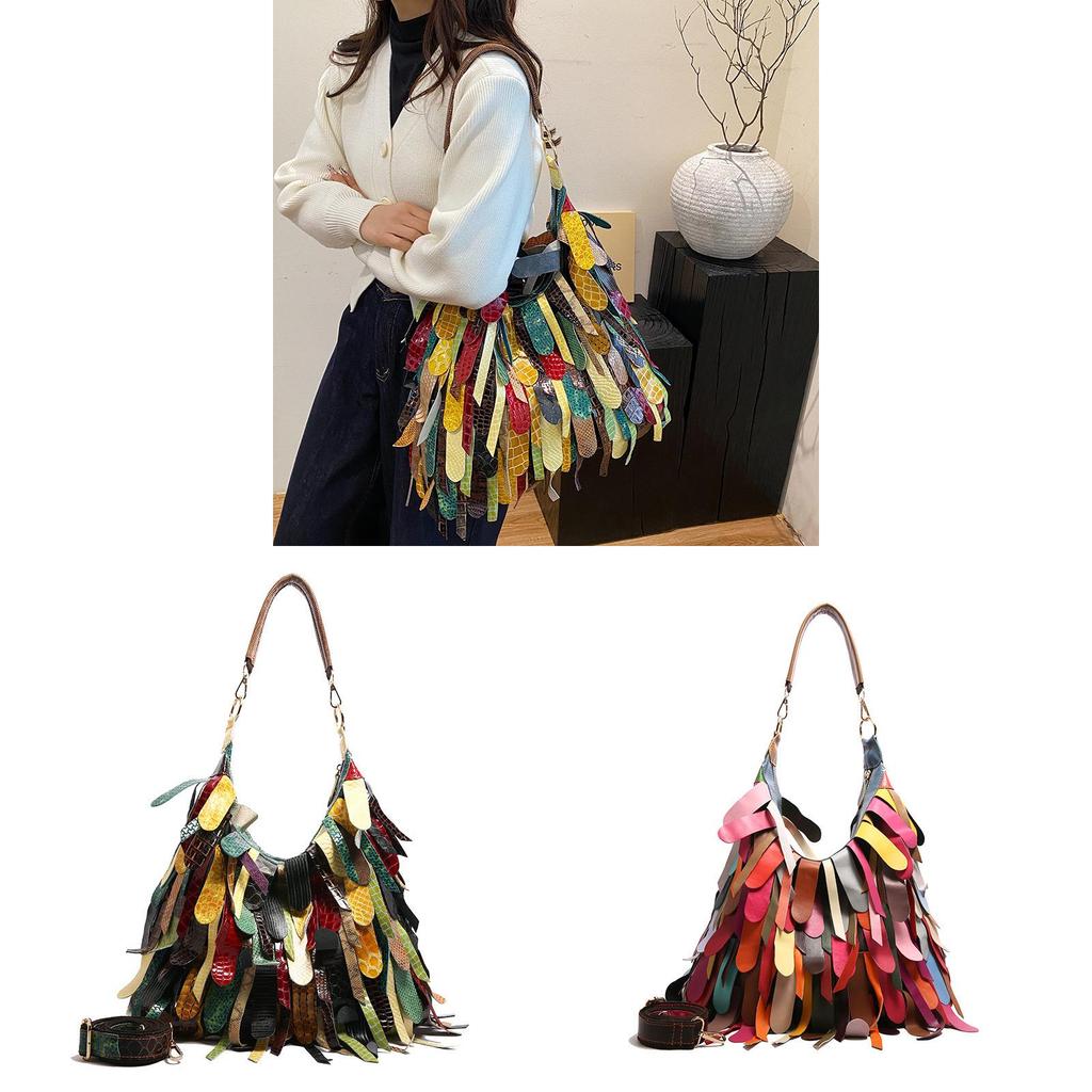 Indian Boho Style Leather Bucket Bag With Tassels And Pouch For Daily Casual Use