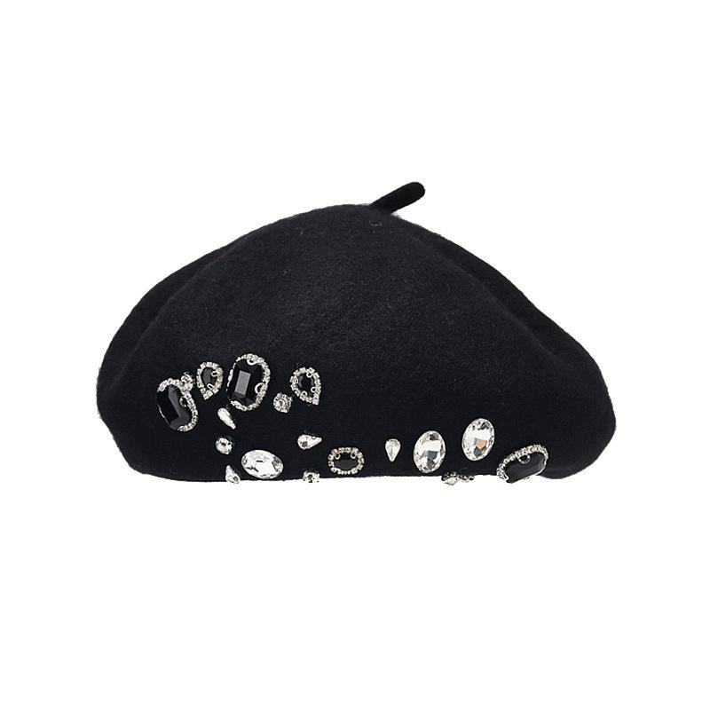 Wool painter hat retro versatile bud hat autumn and winter Internet celebrity fashion rhinestone beret