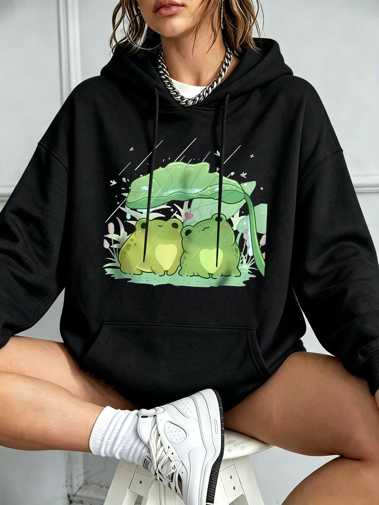 Fall/Winter Fashion Casual Loose Men's Hooded Sweatshirt - Two Frog Rain Shelter Print Women's Soft Street Hooded Sweatshirt