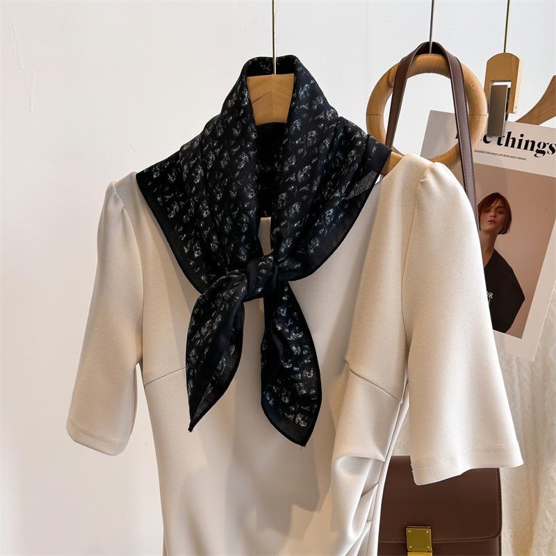 Summer thin silk scarf 71 medium square scarf blue letter high-end imitation silk wool scarf spring autumn and winter cotton and linen scarf women