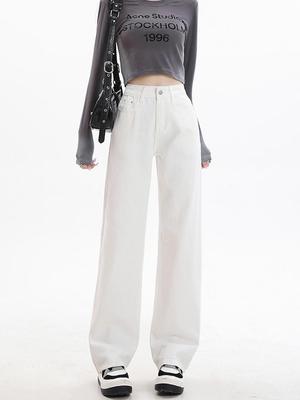 2025 Spring High Waist Straight Wide-Leg Jeans for Women - Petite Casual Long Pants