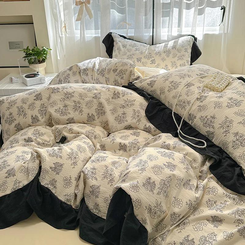 1.5/1.8 Korean Style 100% Cotton Fitted Sheet Sets with Lace Flower Print Bedding Set for Seasons Home Bedclothes for Adult Kids