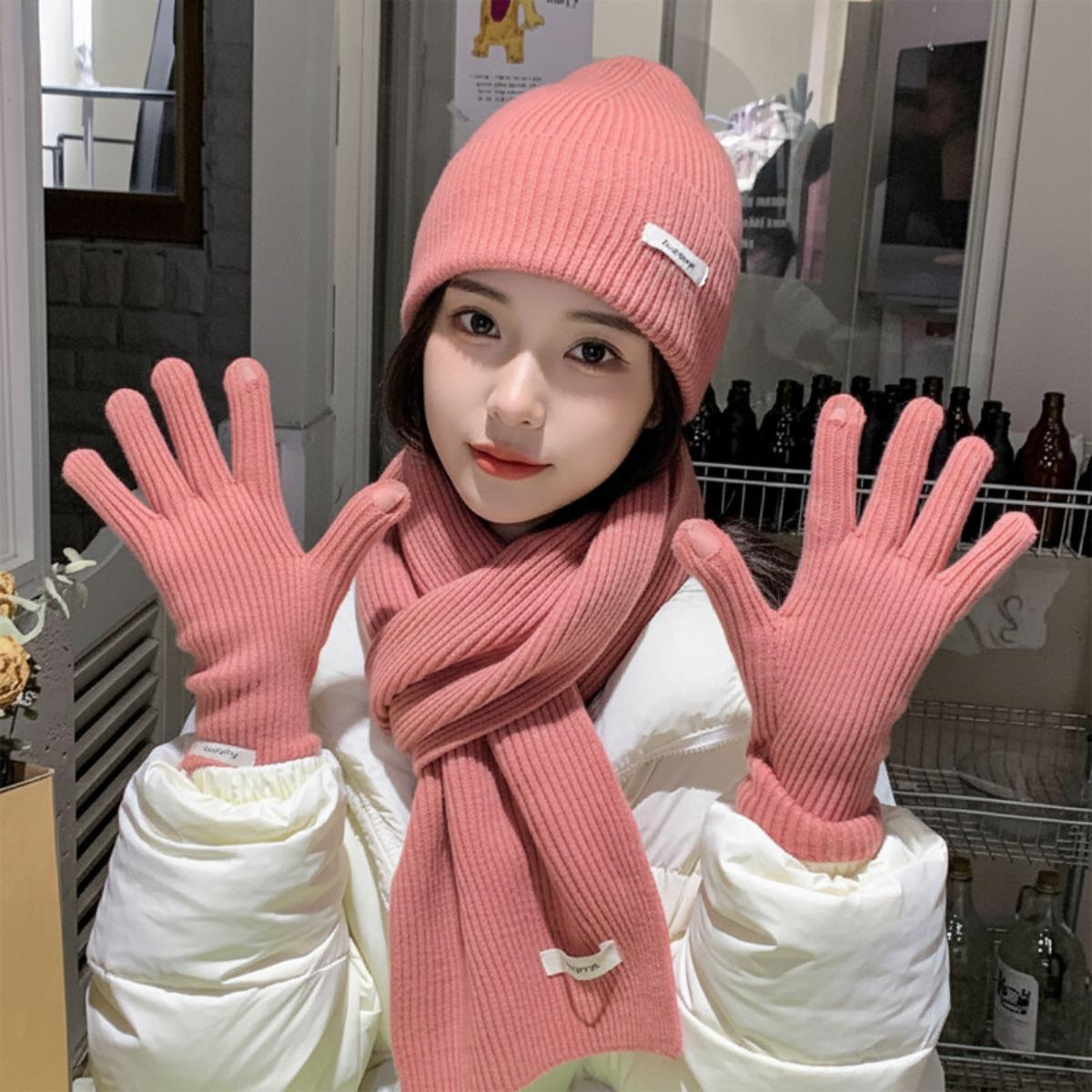 

Набор из трех предметов, Вязаная шапка, Шерстяная шапка, Вязаный шарф, Перчатки, Плюшевый, Теплый, Новогодний, Рождественский набор розовый