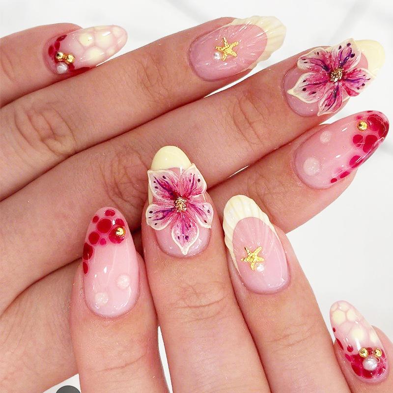 24 Pink Gradient Flower Rhinestone Nail Tips – Handmade French Wearable Nails