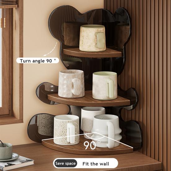 Corner Cup Holder Shelf 3-Tier Wood Kitchen Organizer for Mugs Coffee Cups Space-Saving Desktop Storage Rack for Countertop