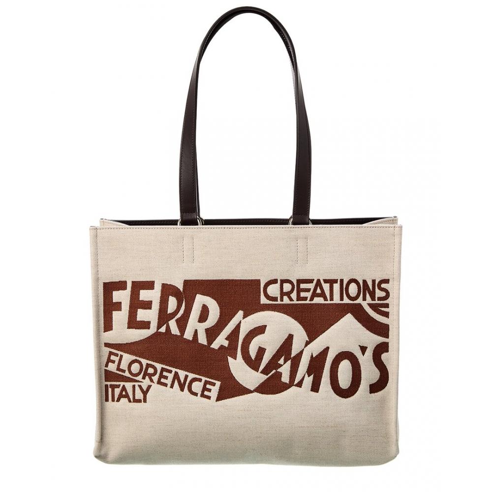 

Salvatore Ferragamo Ferragamo Logo Medium Canvas Leather Tote Brown Large