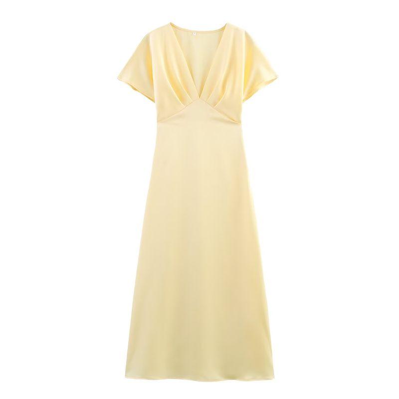 Summer New Product Women's Clothes French Style V-neck Elegant Long Silk Satin Texture Midi Skirt Dress 2330399