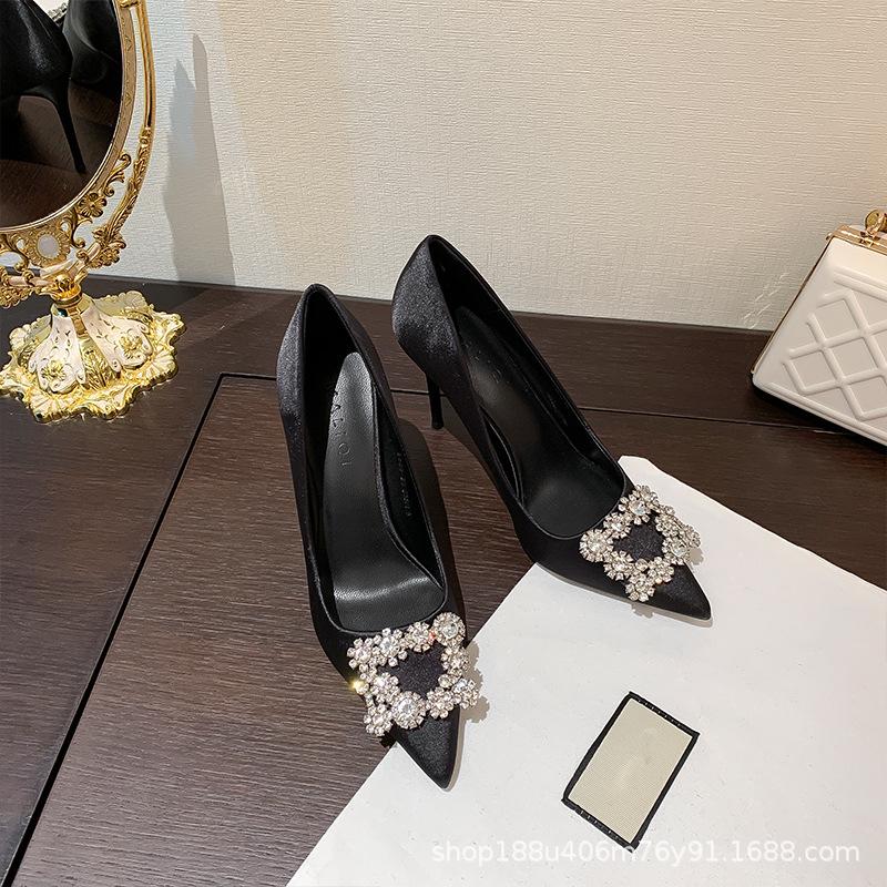 French White High Heels Design Sense Niche Temperament 2025 Square Buckle Rhinestone Pointed Thin Heel Versatile Light Mouth Shoes