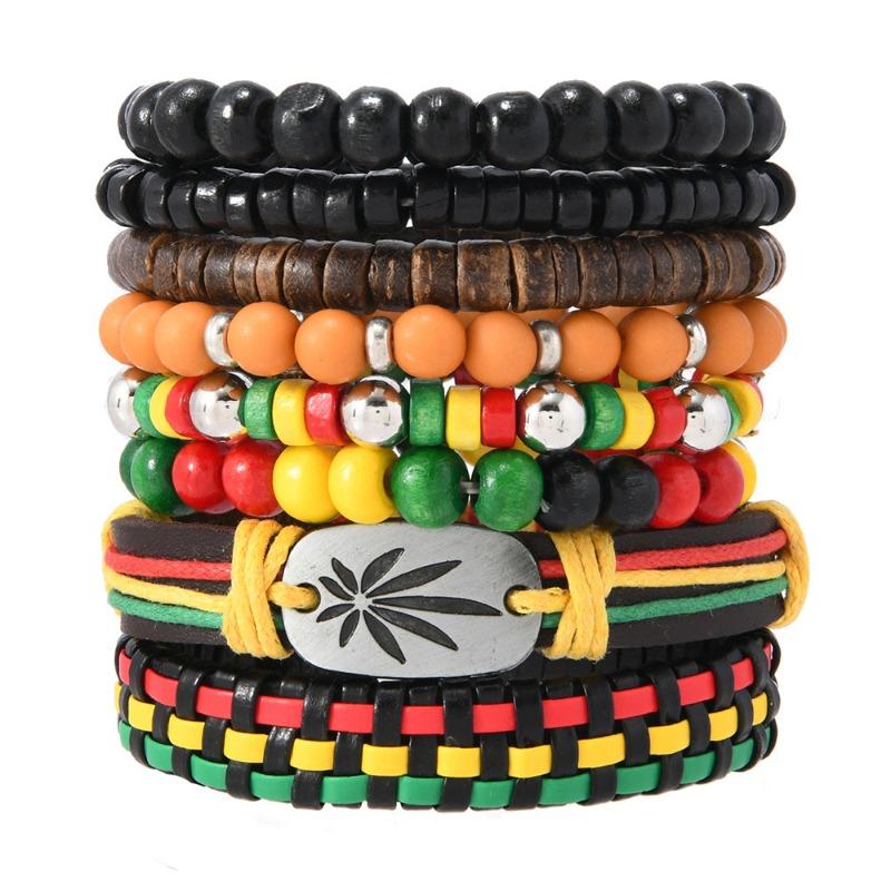 New Wood Bead Beaded Elastic Thread Leather Handwoven Men's Bracelet Bracelet Bracelet