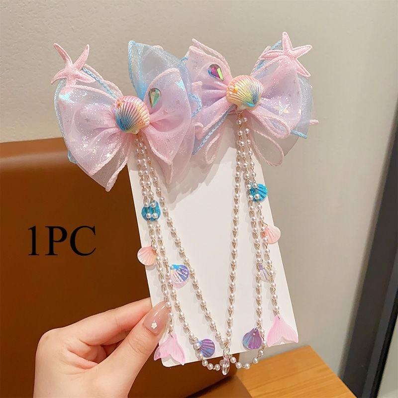 1/2PCS. Girls' Mermaid Hair Accessories: Dreamy Forehead Chains, Princess Tassel Clips & Shell Ear Cuffs,  Adorable  Ornaments