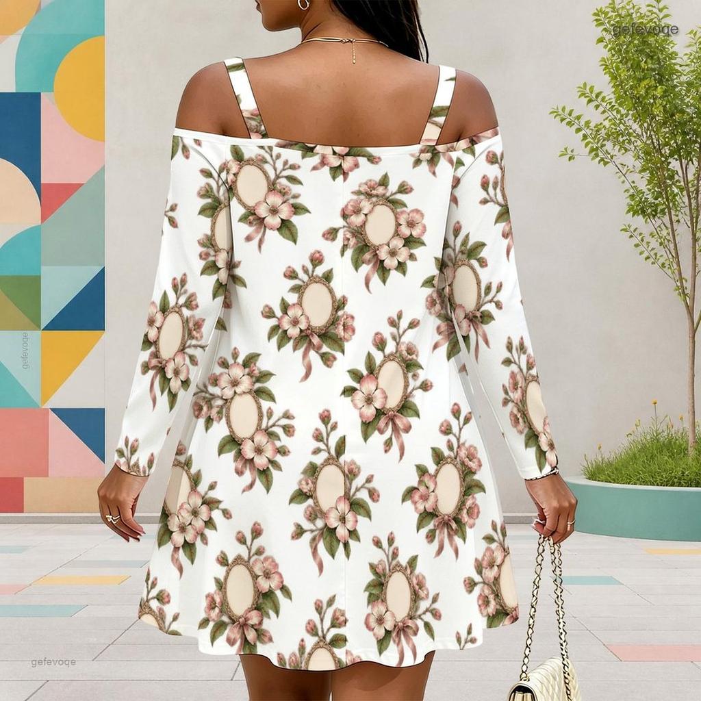Women Plus Size Cold Shoulder Long Sleeve White Floral Printed Dress