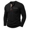 Autumn Winter Mens Henley Long Sleeve T-Shirt Contrast Collar Placket 3 Buttons Chest Pocket Soft Casual Daily Tops