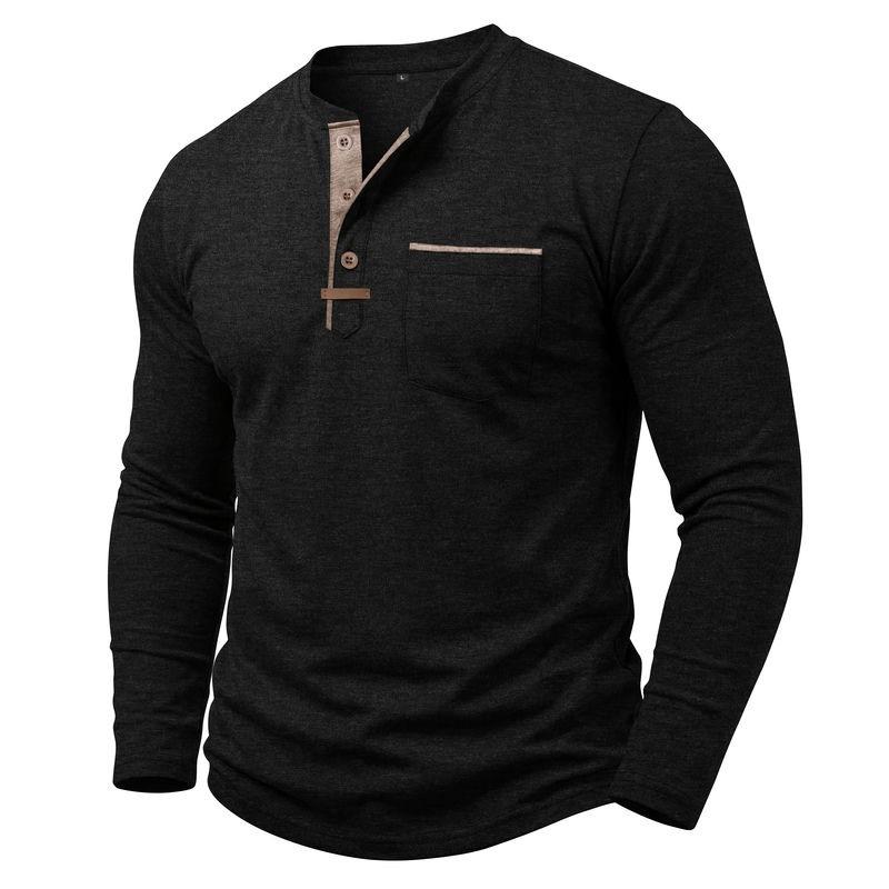Autumn Winter Mens Henley Long Sleeve T-Shirt Contrast Collar Placket 3 Buttons Chest Pocket Soft Casual Daily Tops
