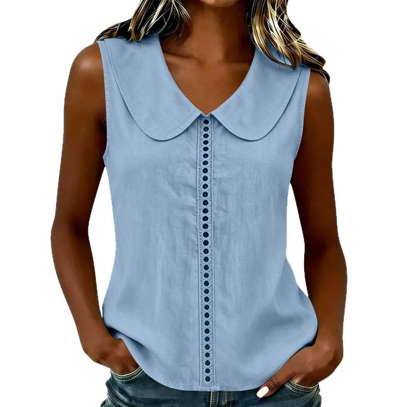 Women's Peter Pan Collar Sleeveless Blouse Eyelet Detail Casual Tank Top