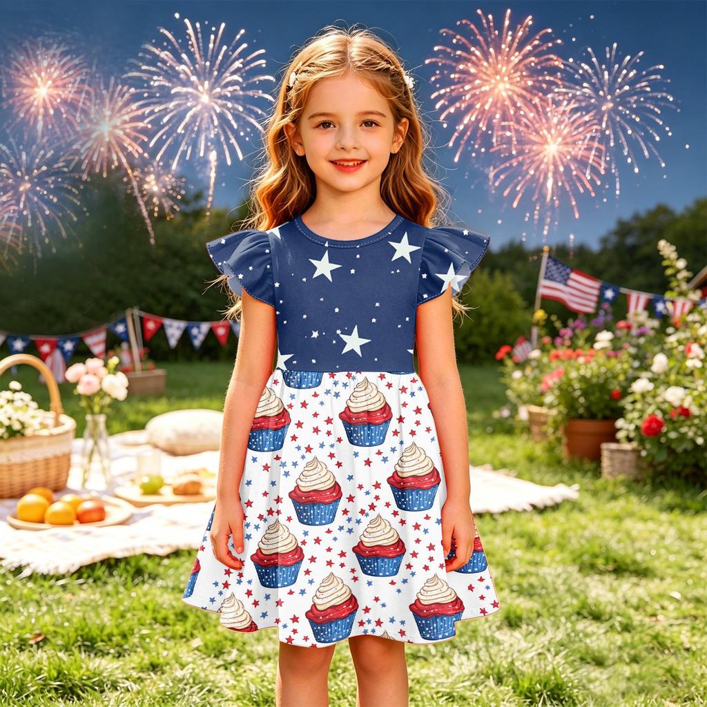 Girls' Summer Princess Dress - A-Line T-Shirt Dress Independence Day