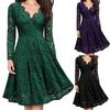 Retro Women Lace Floral V Neck Long Sleeve Tight Waist A-line Party Midi Dress