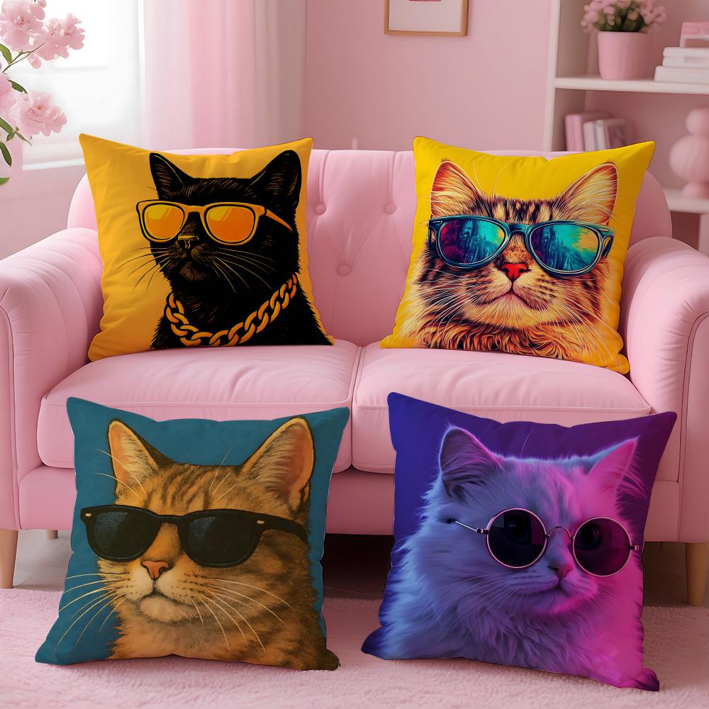 Cute A Cat With Glasses Cushion Cover Cushion Cover Set 4Pcs 50X50 45X45 40X40 Pillowcase Decorative Sofa Home Decor