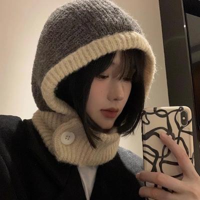Sombrero Retro Japonés Bufanda Sombrero de Invierno y Cuello a Prueba de Frío Cálido Gorro de Punto Moda Femenina Combinación de Colores Sombreros de Mujer
