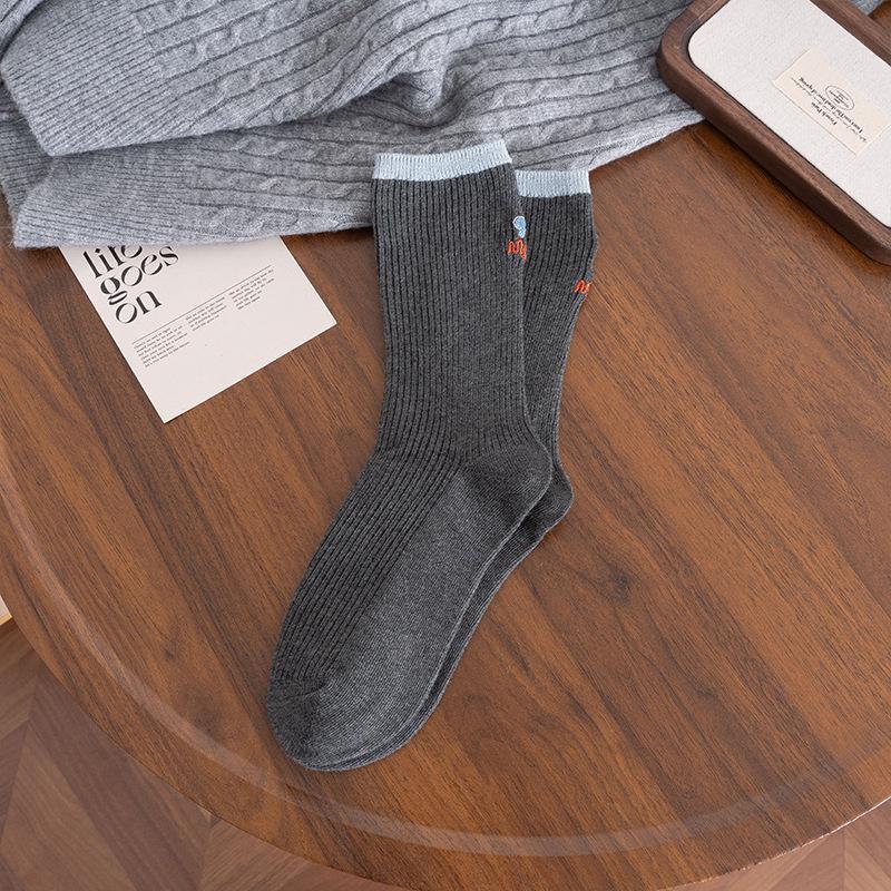 

Cat Eating Fish Women s Mid-Calf Socks - Cartoon Cat Embroidery, Asymmetrical Korean Style, Scrunched Design One Size