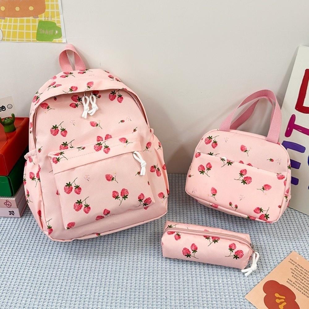 Oxford Cloth Strawberry Backpack Large Capacity Adjustable School Bag Preppy Style with Lunch Bag & Pencil Case Travel Backpack