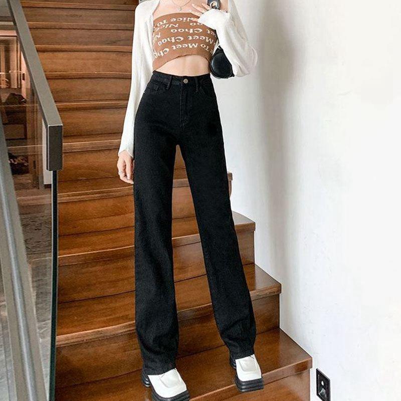 American Black and Gray Wide Leg Jeans Women's Early Spring New Low Waist Straight Leg Loose Look Slim All Draped Draped Mopping Pants