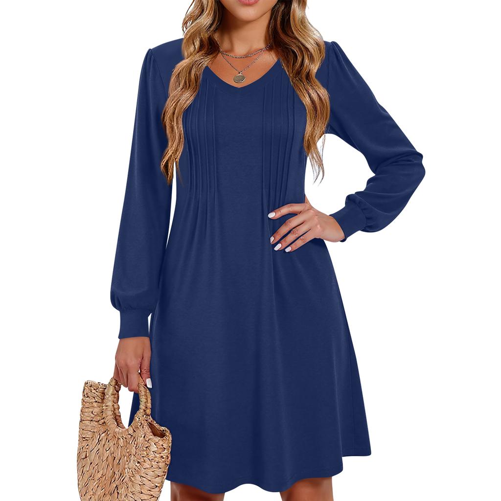 Women's Solid Color Casual Fashion V-neck Long Sleeved Mid Length Dress