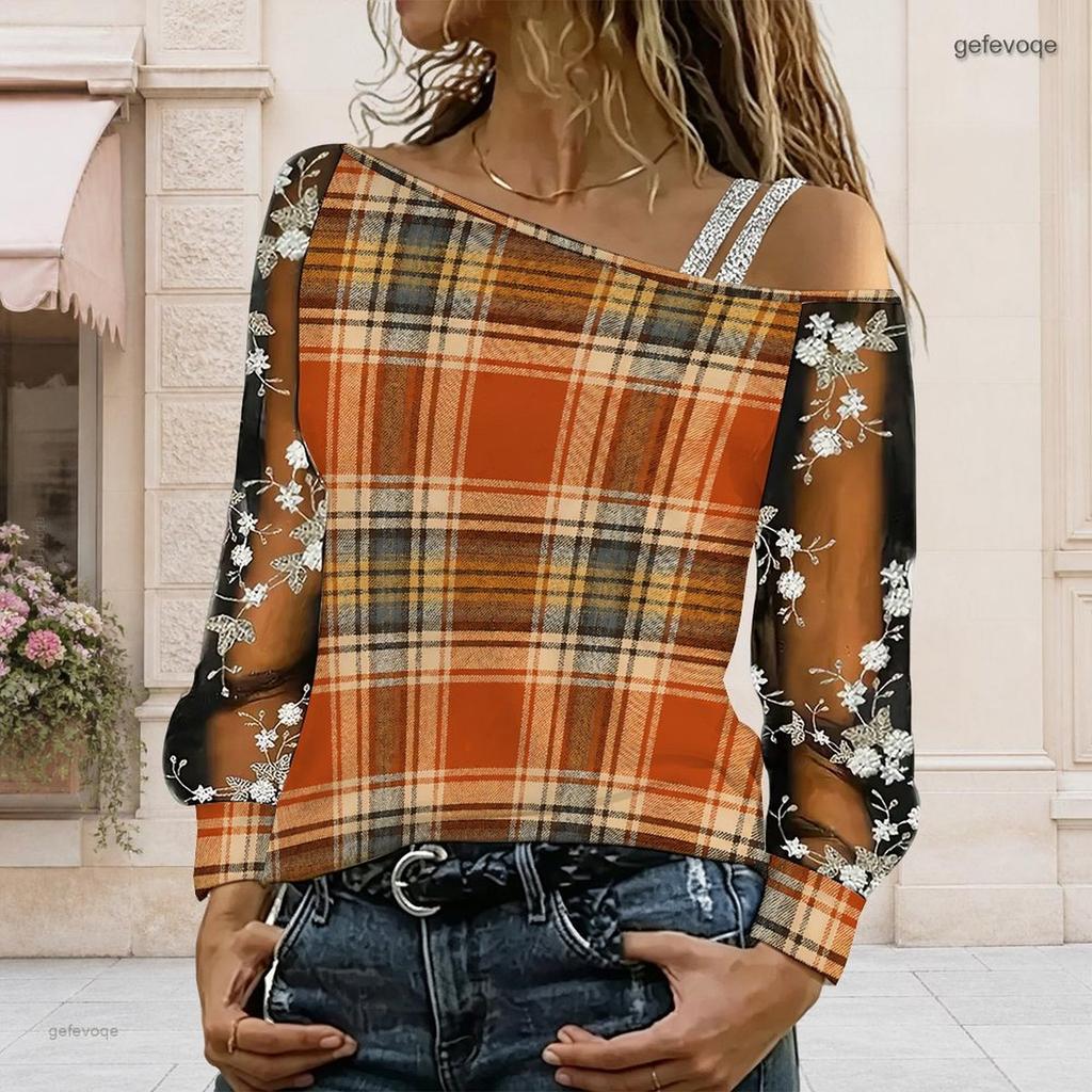 Women Plus Size Asymmetric Cold Shoulder Long Sleeve T Shirt Geometric Printed Sheer Floral Embroidery Top
