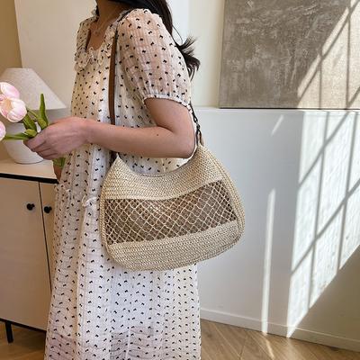 Summer Straw Woven Bag Women's Seaside Vacation Beach Bag Shoulder Bag Underarm Dumpling Woven Tote Bag