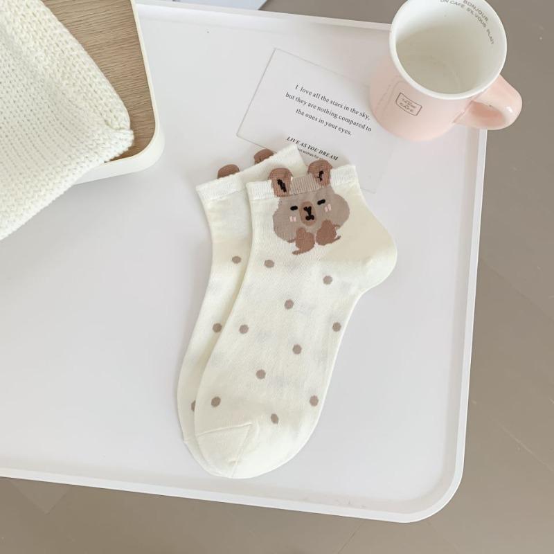 Ladies Spring and Summer Thin Style All with Bear Cartoon Cute Student Low Top Short Boat Socks