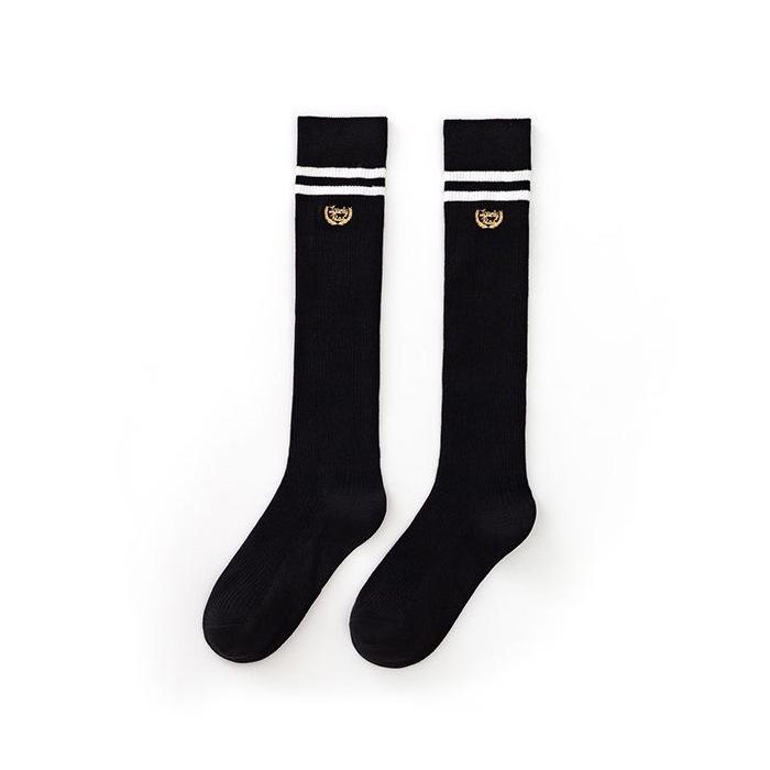 Mid-Calf Stripe Letter Embroidered JK Cotton Socks - Slimming, Solid Color, Knee-High Leg Warmers