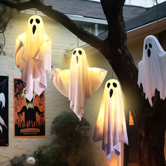3 ks Halloweenských závěsných duchů 19,6" LED svítících venkovních létajících bílých duchů pro dekoraci předzahrádky, terasy, trávníku, zahrady, párty