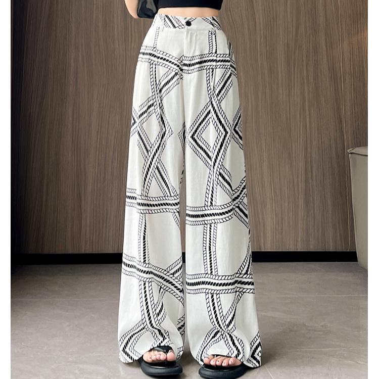 Summer Women Print Chain Cotton And Linen Thin High Waist Wide Leg Pant Trouser With Pocket For Girl