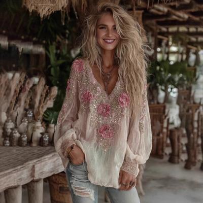 Camiseta Feminina Gola V Manga Longa com Decoração de Flores 3D Tops Pulôver com Decoração de Pérolas Artificiais Camiseta Casual Primavera Outono