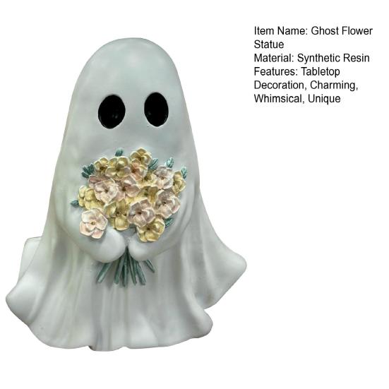 Halloween Ghost Figurine Small Resin Ghost Holding Flower Statue Cute Ghost Tabletop Decor for Halloween Porch Indoor Outdoor Decoration